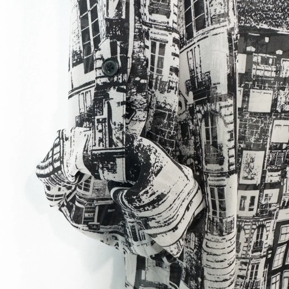 Chicos Cityscape Sheer Chiffon Button Shirt 3 (XL)‎ Monochrome Urban Retro Artsy - Picture 13 of 16